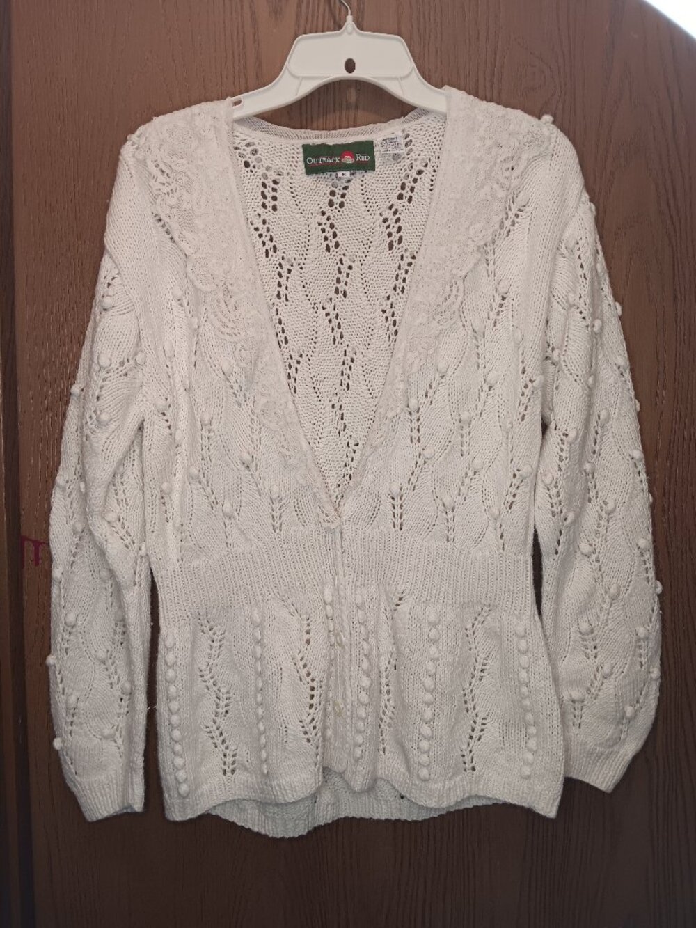 Outback Red women's vtg knit pointelle popcorn lace ruffled neck cardigan sz M